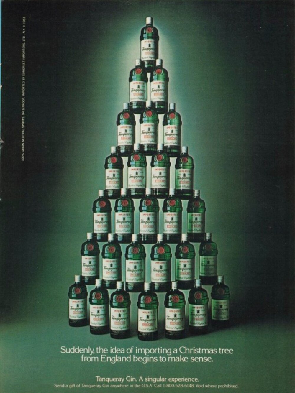 1983 Tanqueray Gin Vintage Print Ad Christmas Bottle Tree Gifts Man Cave Bar Art